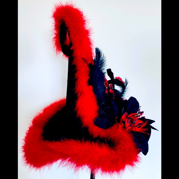 Elf victorian hat Black velvet & ted marabou feather trim Artisan one of - Picture 13 of 16